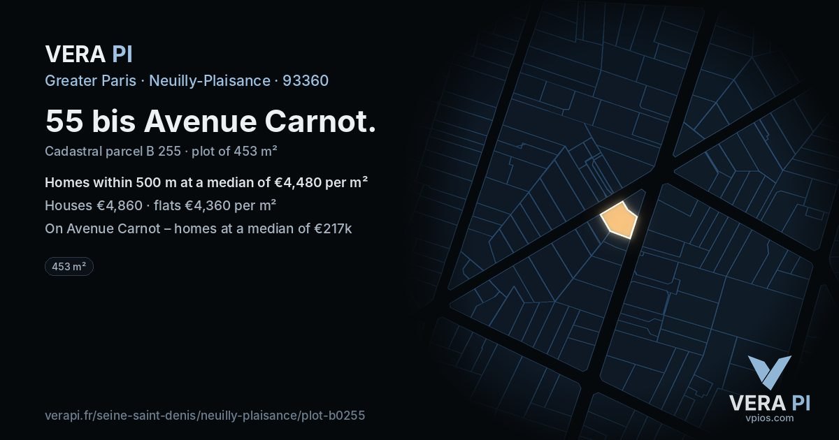 55 bis Avenue Carnot, Neuilly-Plaisance at night – the plot lit, the parcels around coloured by the prices near them