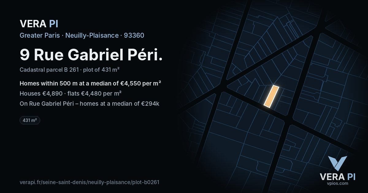 9 Rue Gabriel Péri, Neuilly-Plaisance at night – the plot lit, the parcels around coloured by the prices near them