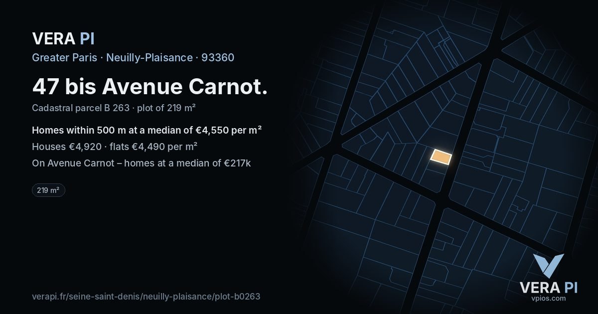 47 bis Avenue Carnot, Neuilly-Plaisance at night – the plot lit, the parcels around coloured by the prices near them