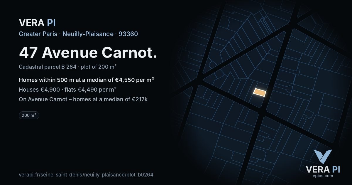 47 Avenue Carnot, Neuilly-Plaisance at night – the plot lit, the parcels around coloured by the prices near them