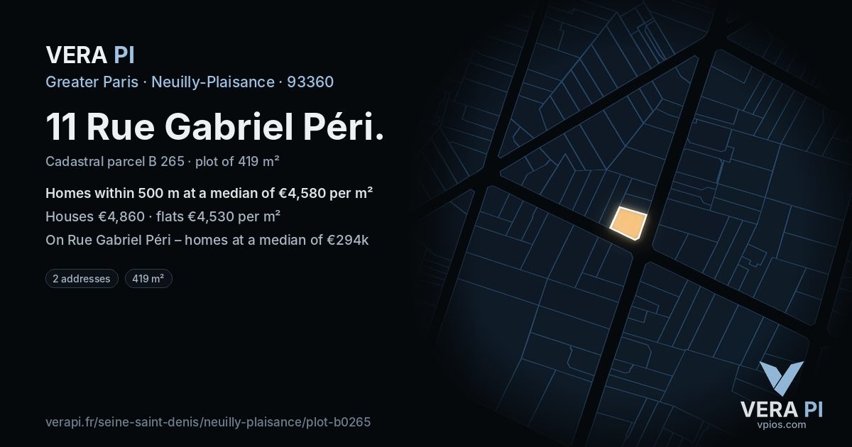 11 Rue Gabriel Péri, Neuilly-Plaisance at night – the plot lit, the parcels around coloured by the prices near them