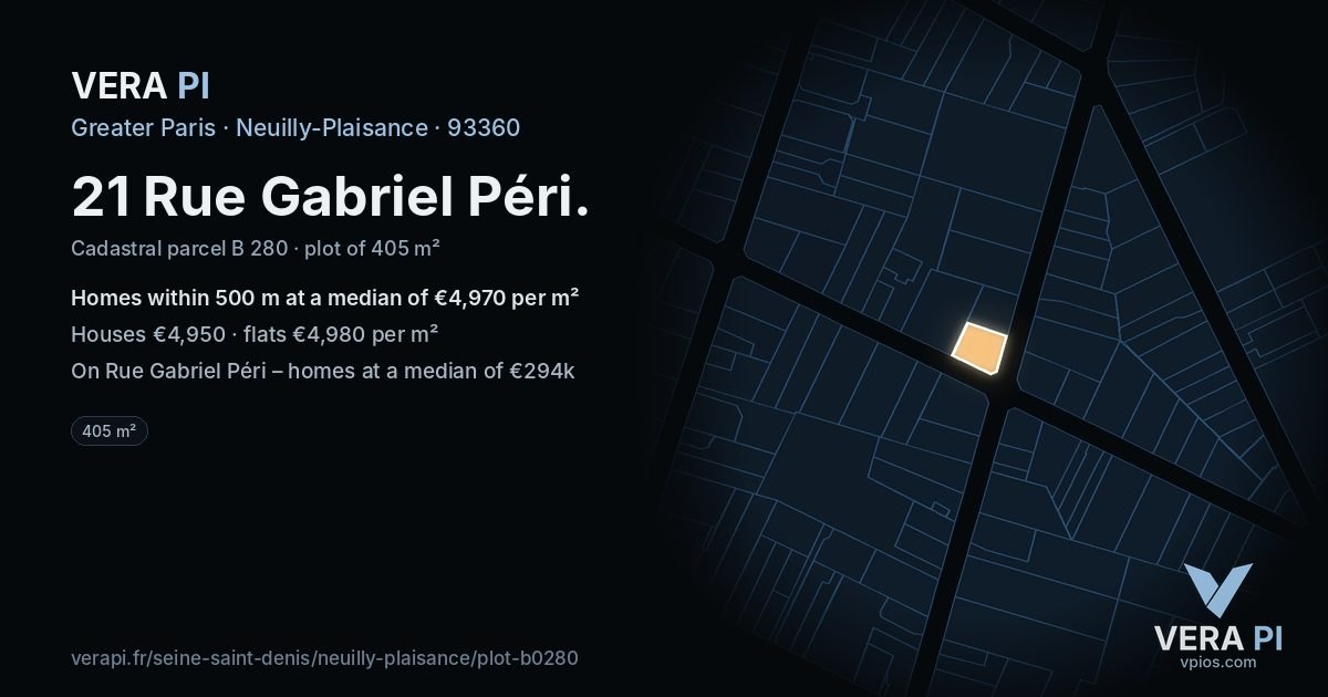 21 Rue Gabriel Péri, Neuilly-Plaisance at night – the plot lit, the parcels around coloured by the prices near them