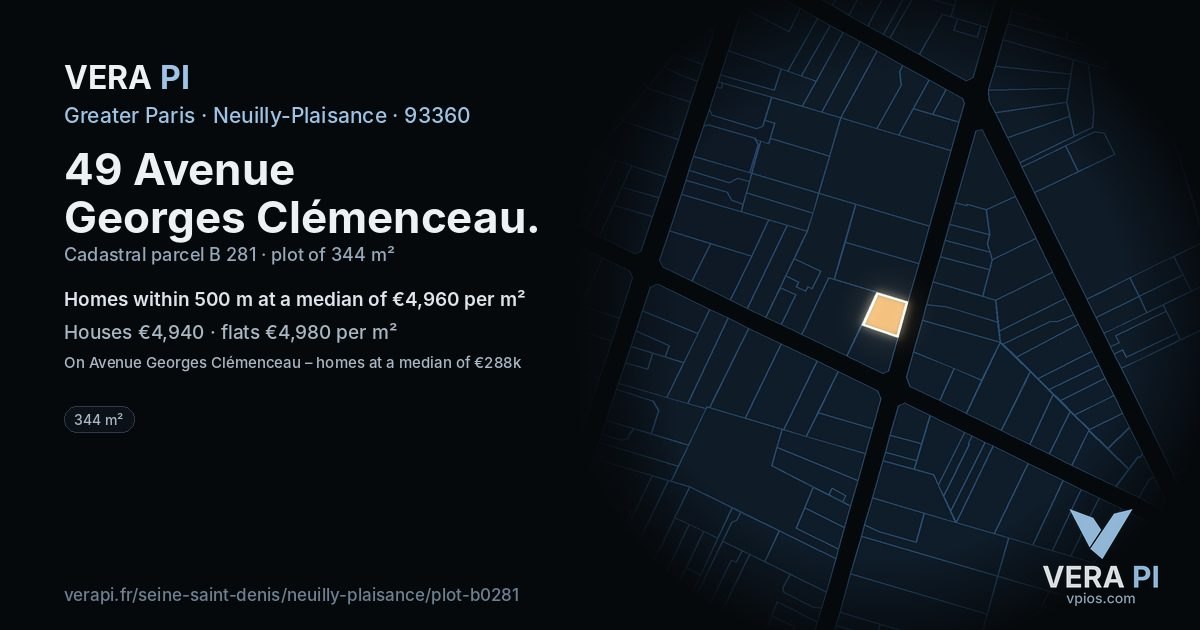 49 Avenue Georges Clémenceau, Neuilly-Plaisance at night – the plot lit, the parcels around coloured by the prices near them