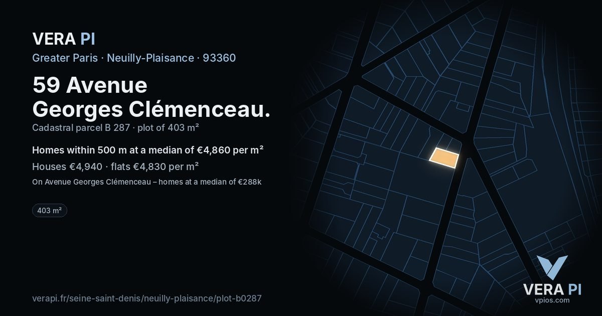 59 Avenue Georges Clémenceau, Neuilly-Plaisance at night – the plot lit, the parcels around coloured by the prices near them
