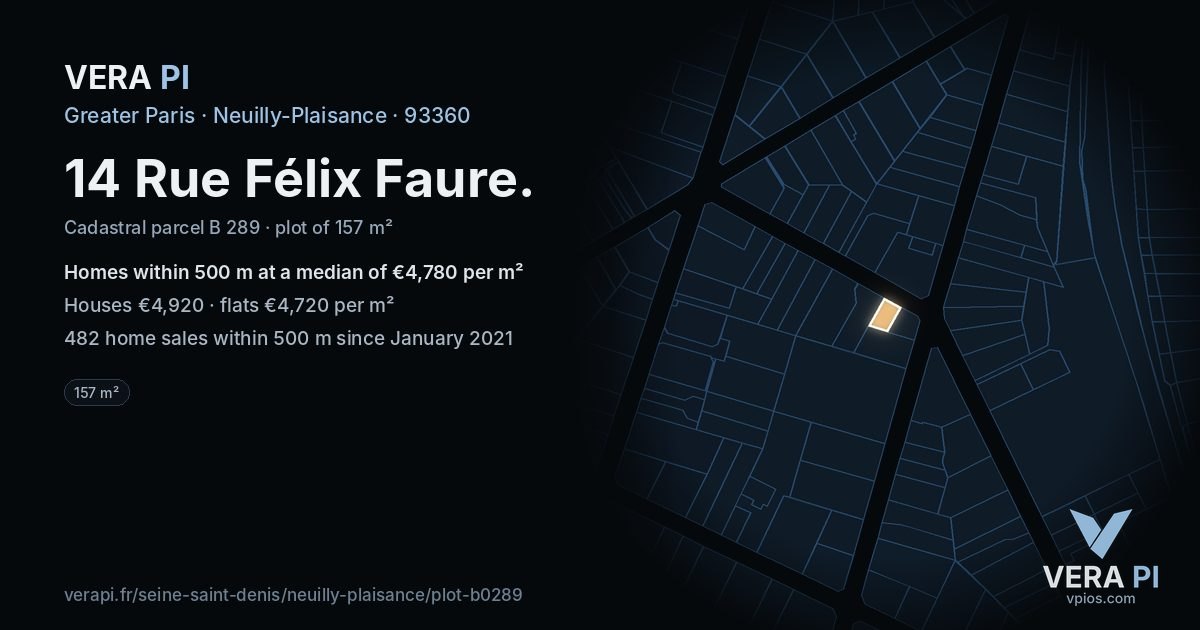 14 Rue Félix Faure, Neuilly-Plaisance at night – the plot lit, the parcels around coloured by the prices near them