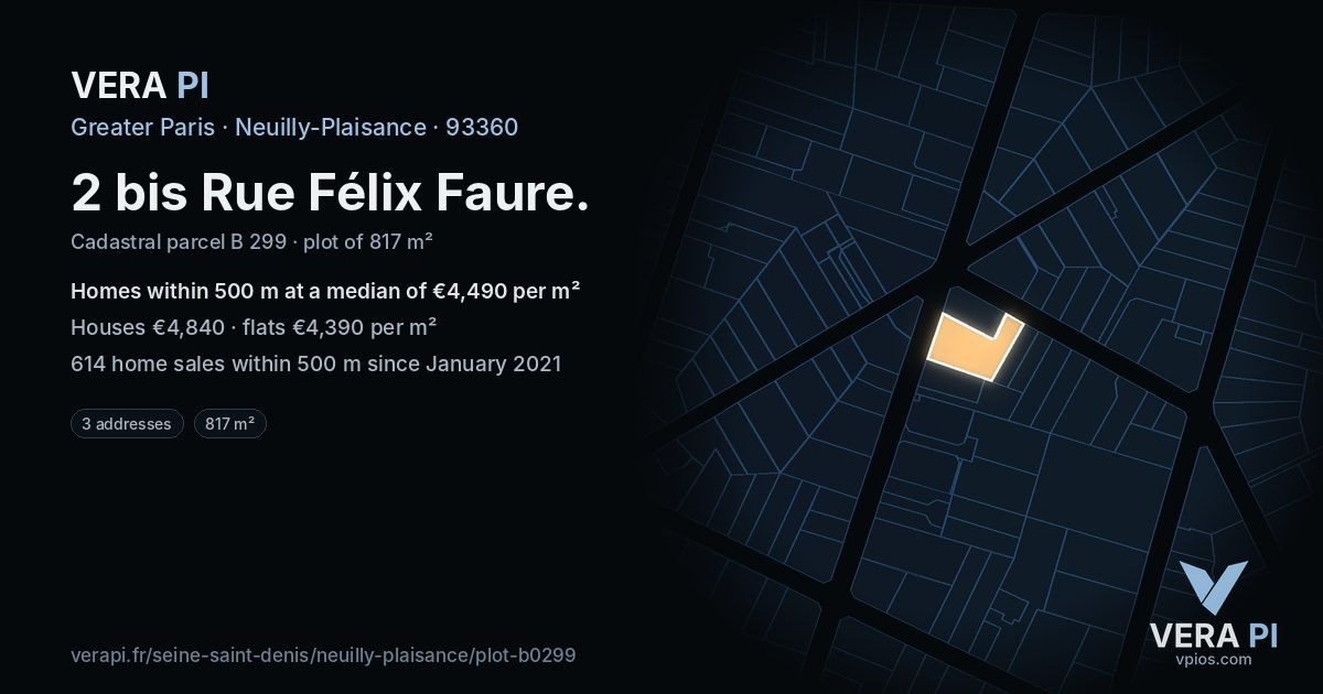 2 bis Rue Félix Faure, Neuilly-Plaisance at night – the plot lit, the parcels around coloured by the prices near them