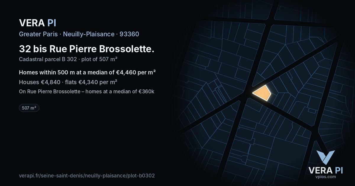 32 bis Rue Pierre Brossolette, Neuilly-Plaisance at night – the plot lit, the parcels around coloured by the prices near them