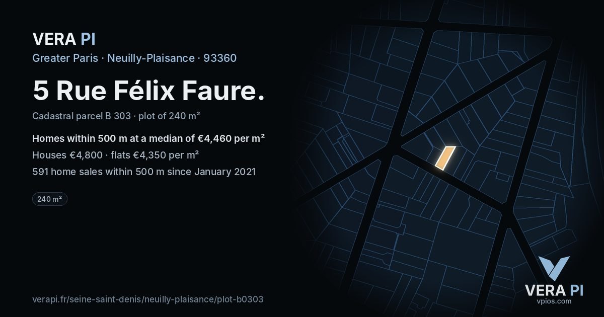 5 Rue Félix Faure, Neuilly-Plaisance at night – the plot lit, the parcels around coloured by the prices near them