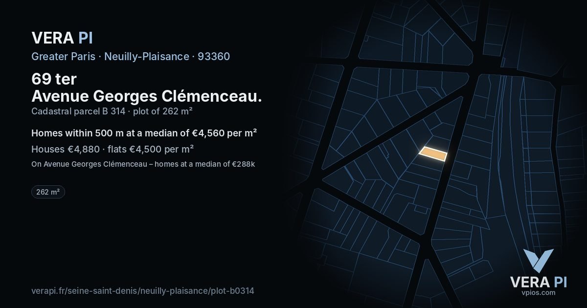 69 ter Avenue Georges Clémenceau, Neuilly-Plaisance at night – the plot lit, the parcels around coloured by the prices near them