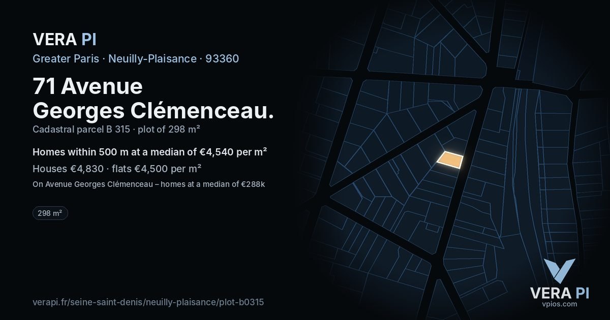71 Avenue Georges Clémenceau, Neuilly-Plaisance at night – the plot lit, the parcels around coloured by the prices near them