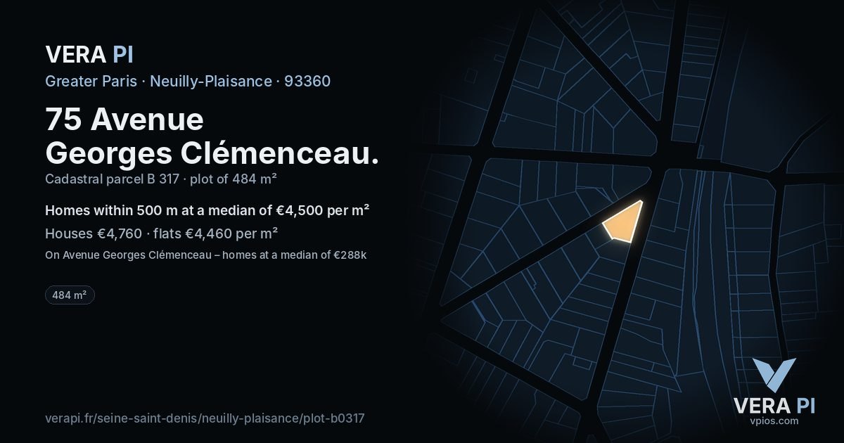 75 Avenue Georges Clémenceau, Neuilly-Plaisance at night – the plot lit, the parcels around coloured by the prices near them