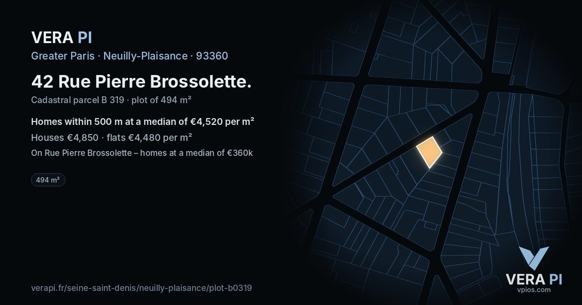 42 Rue Pierre Brossolette, Neuilly-Plaisance at night – the plot lit, the parcels around coloured by the prices near them