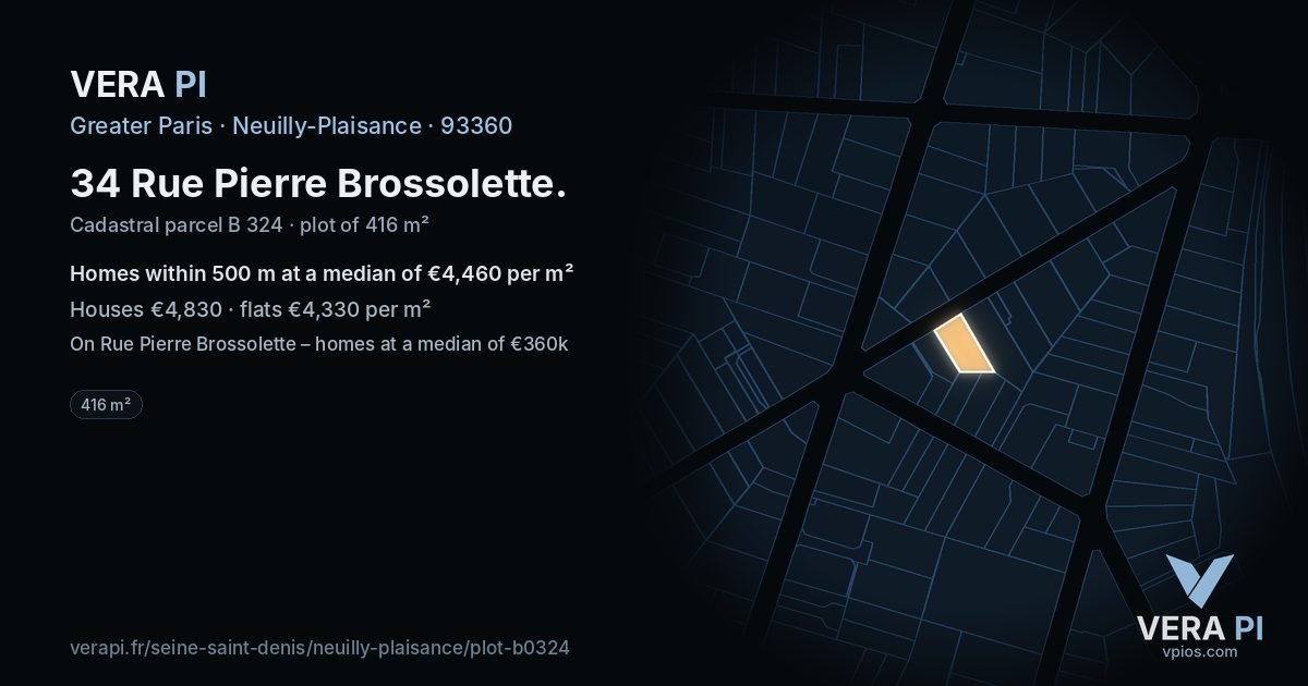 34 Rue Pierre Brossolette, Neuilly-Plaisance at night – the plot lit, the parcels around coloured by the prices near them