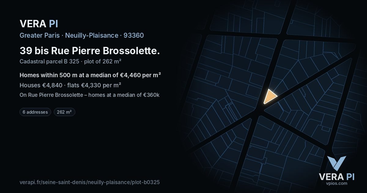 39 bis Rue Pierre Brossolette, Neuilly-Plaisance at night – the plot lit, the parcels around coloured by the prices near them