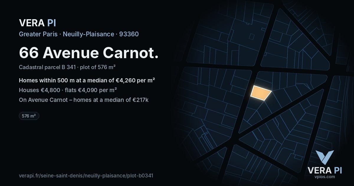 66 Avenue Carnot, Neuilly-Plaisance at night – the plot lit, the parcels around coloured by the prices near them