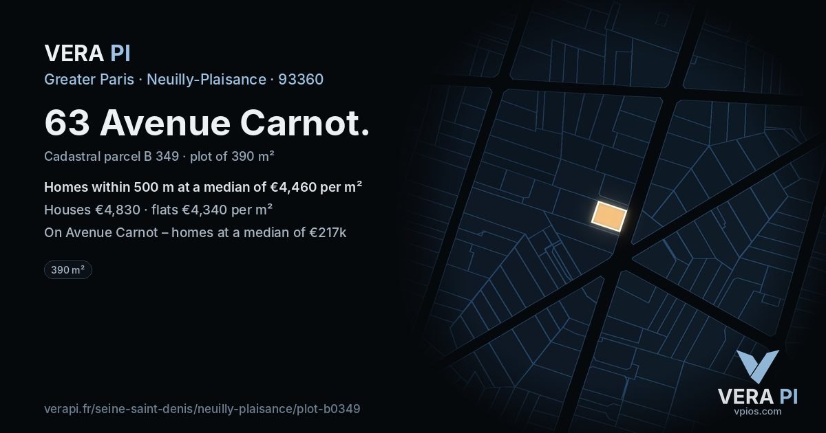 63 Avenue Carnot, Neuilly-Plaisance at night – the plot lit, the parcels around coloured by the prices near them