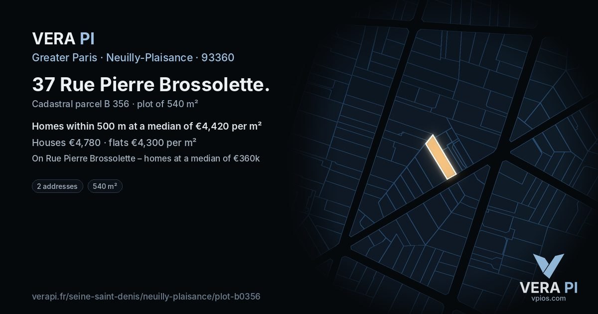 37 Rue Pierre Brossolette, Neuilly-Plaisance at night – the plot lit, the parcels around coloured by the prices near them