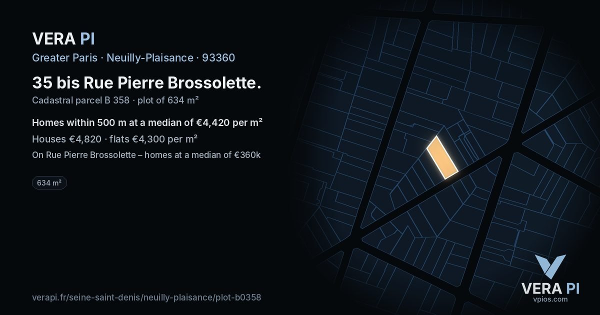 35 bis Rue Pierre Brossolette, Neuilly-Plaisance at night – the plot lit, the parcels around coloured by the prices near them