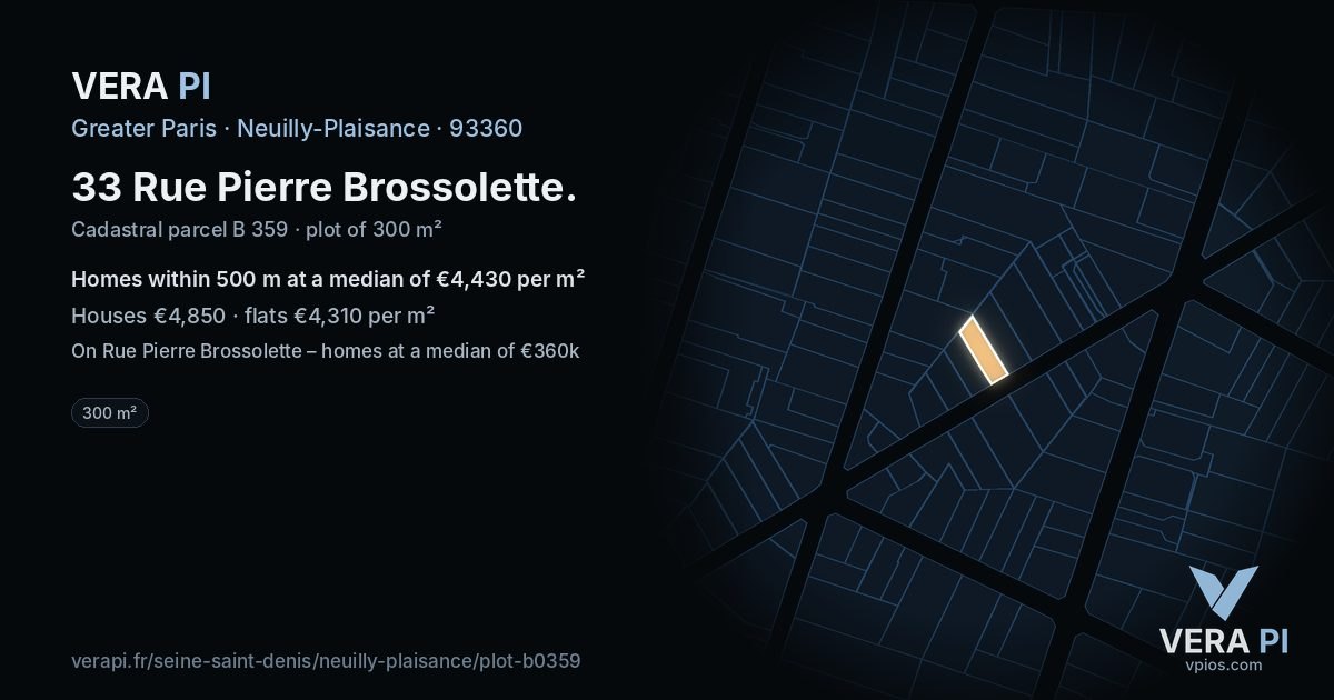 33 Rue Pierre Brossolette, Neuilly-Plaisance at night – the plot lit, the parcels around coloured by the prices near them