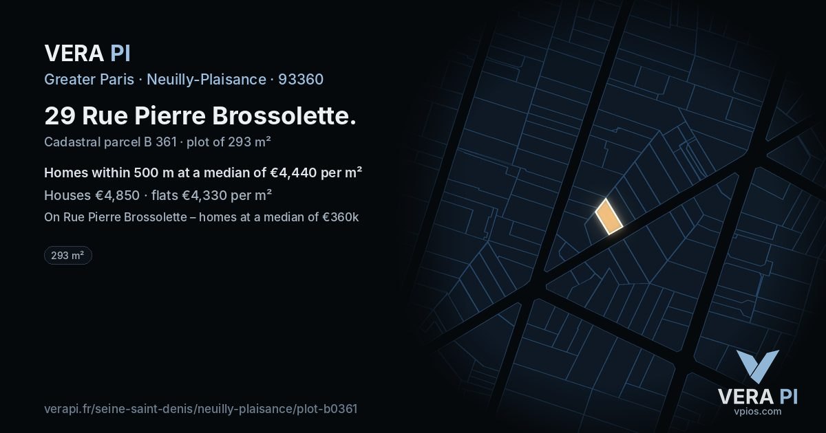 29 Rue Pierre Brossolette, Neuilly-Plaisance at night – the plot lit, the parcels around coloured by the prices near them