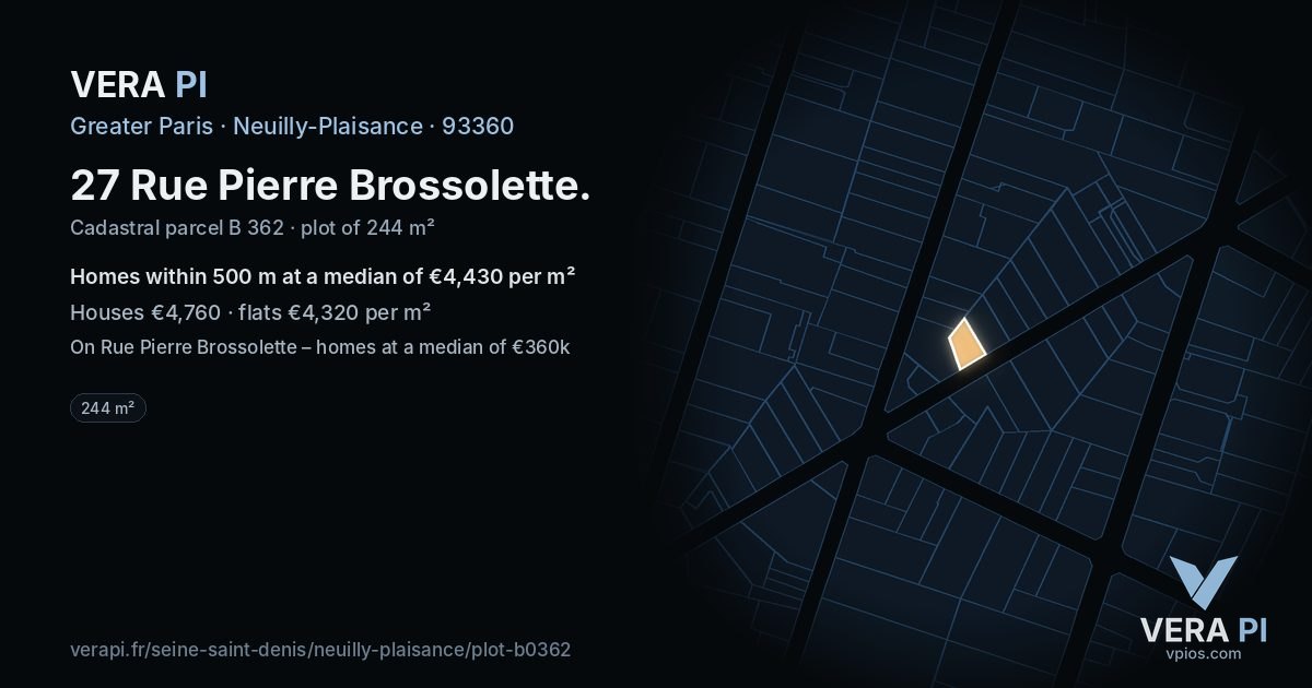 27 Rue Pierre Brossolette, Neuilly-Plaisance at night – the plot lit, the parcels around coloured by the prices near them