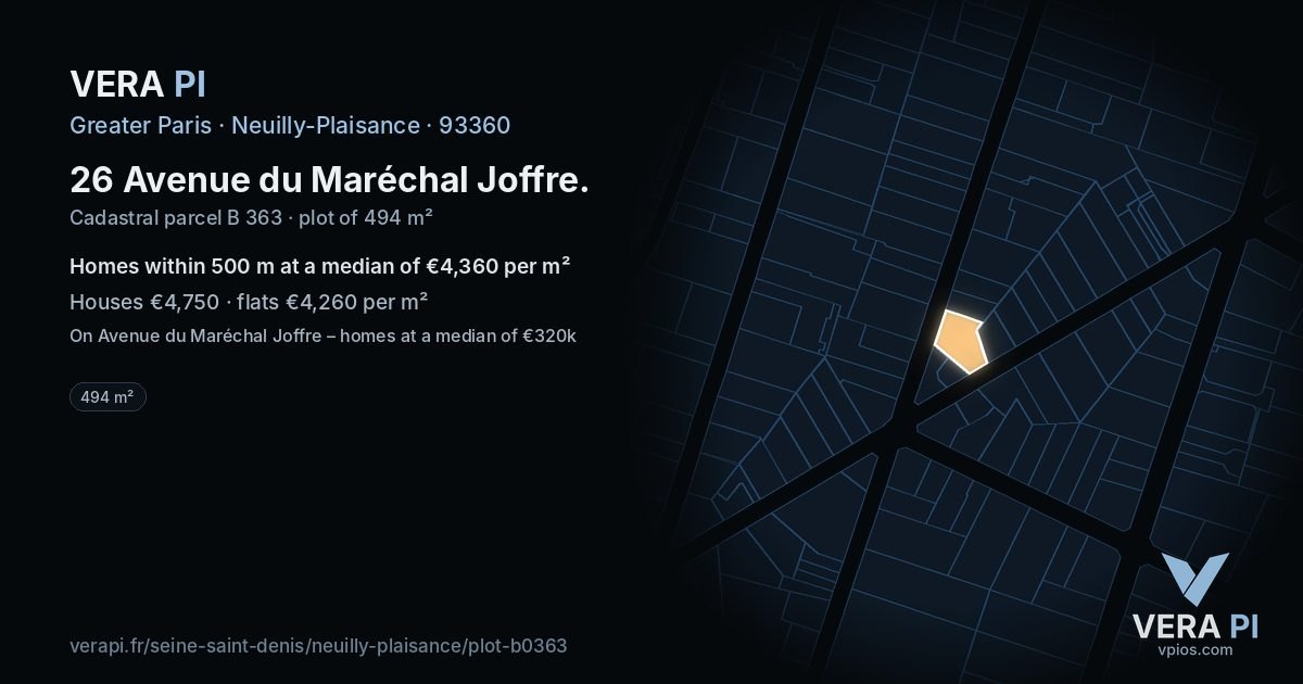 26 Avenue du Maréchal Joffre, Neuilly-Plaisance at night – the plot lit, the parcels around coloured by the prices near them