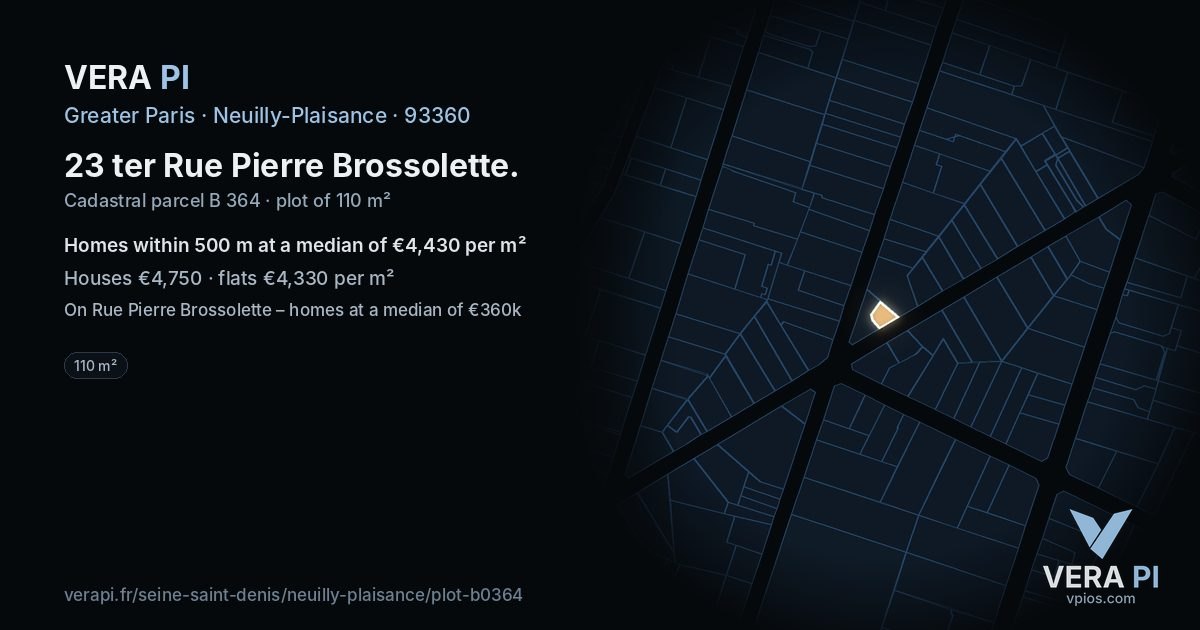 23 ter Rue Pierre Brossolette, Neuilly-Plaisance at night – the plot lit, the parcels around coloured by the prices near them