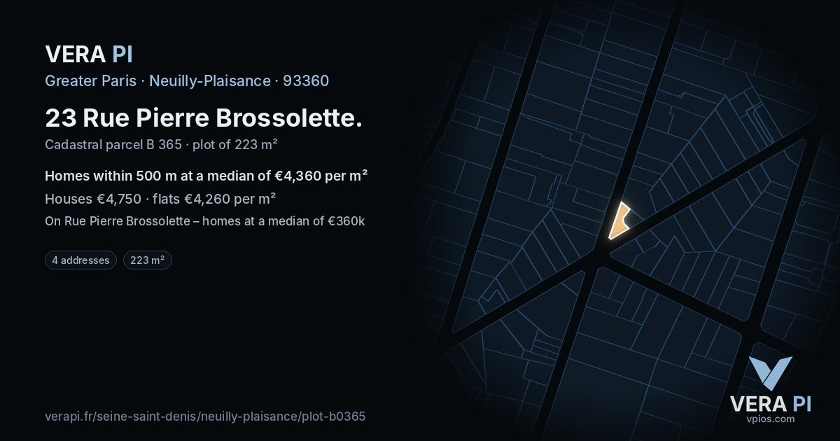 23 Rue Pierre Brossolette, Neuilly-Plaisance at night – the plot lit, the parcels around coloured by the prices near them