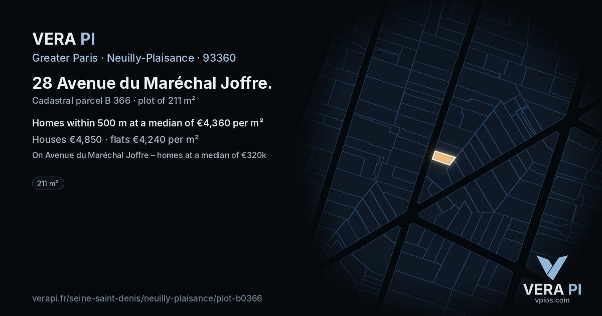 28 Avenue du Maréchal Joffre, Neuilly-Plaisance at night – the plot lit, the parcels around coloured by the prices near them
