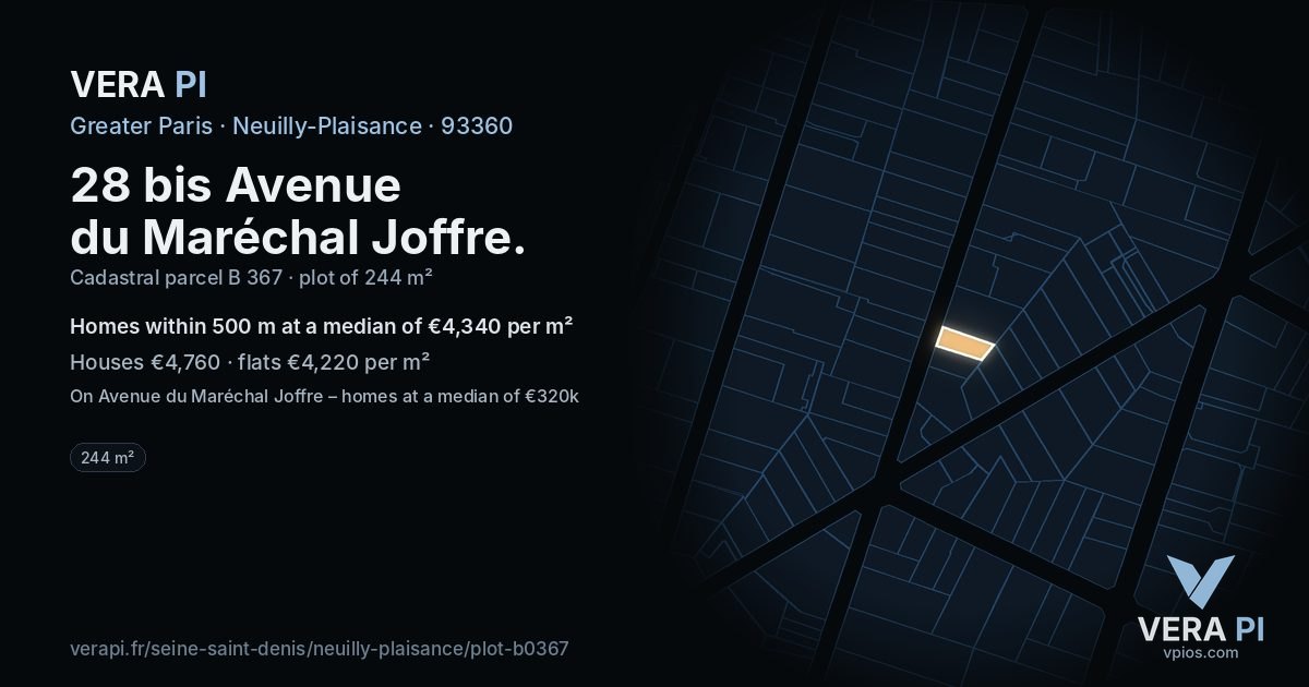 28 bis Avenue du Maréchal Joffre, Neuilly-Plaisance at night – the plot lit, the parcels around coloured by the prices near them