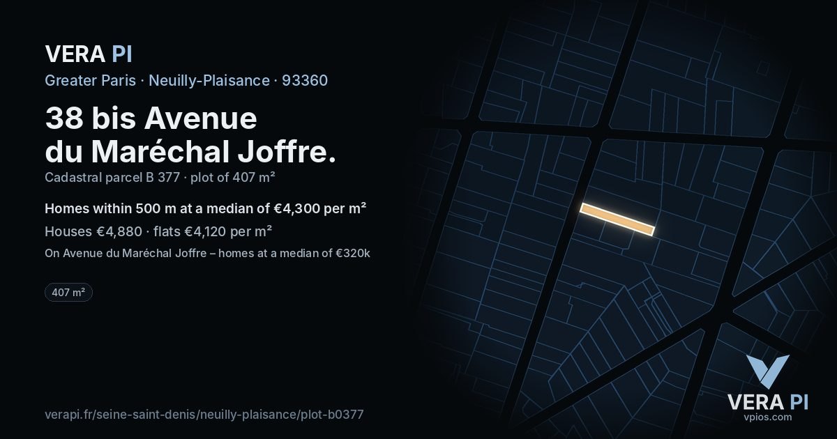 38 bis Avenue du Maréchal Joffre, Neuilly-Plaisance at night – the plot lit, the parcels around coloured by the prices near them