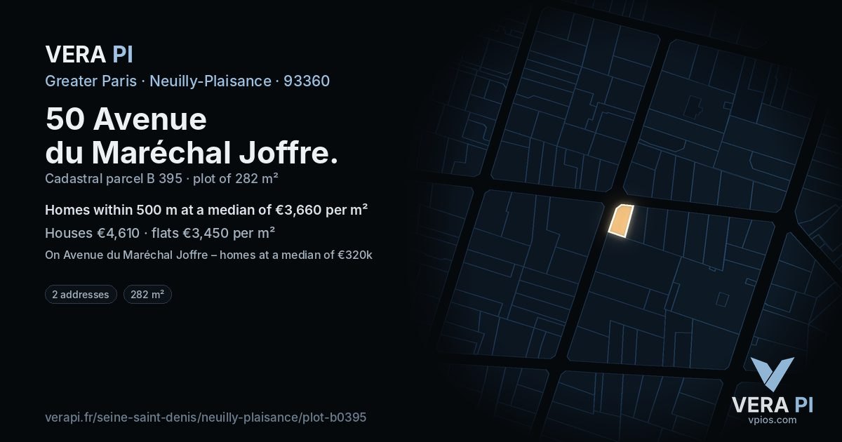 50 Avenue du Maréchal Joffre, Neuilly-Plaisance at night – the plot lit, the parcels around coloured by the prices near them