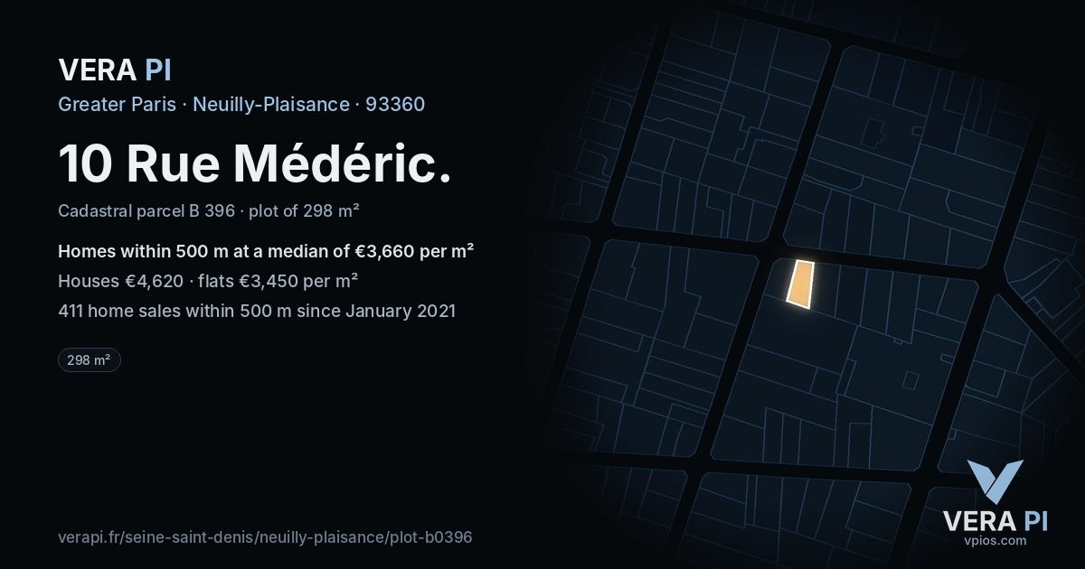 10 Rue Médéric, Neuilly-Plaisance at night – the plot lit, the parcels around coloured by the prices near them