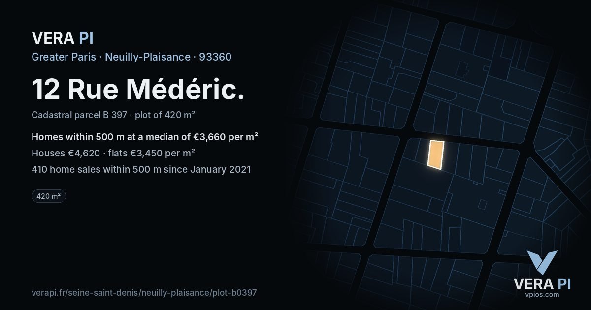 12 Rue Médéric, Neuilly-Plaisance at night – the plot lit, the parcels around coloured by the prices near them