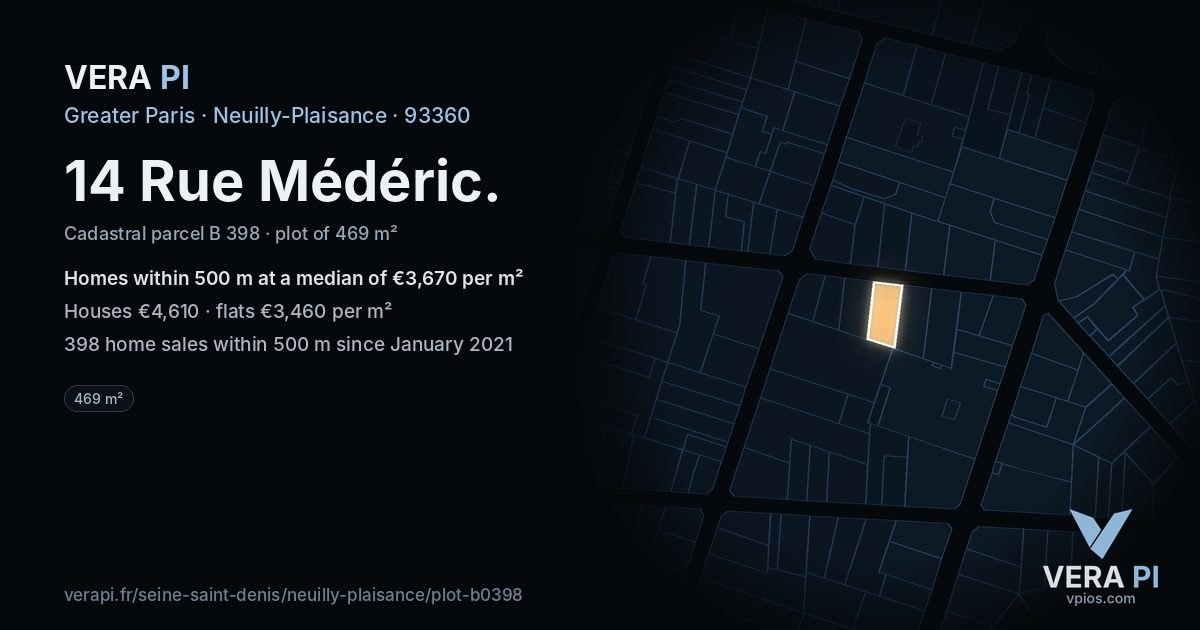 14 Rue Médéric, Neuilly-Plaisance at night – the plot lit, the parcels around coloured by the prices near them