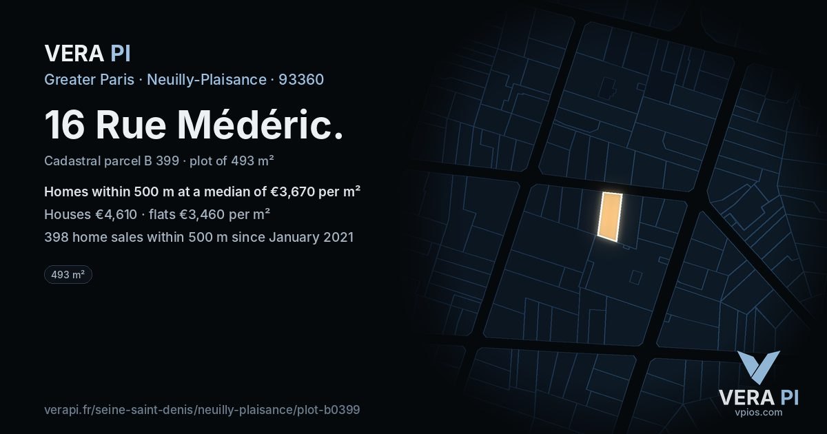 16 Rue Médéric, Neuilly-Plaisance at night – the plot lit, the parcels around coloured by the prices near them