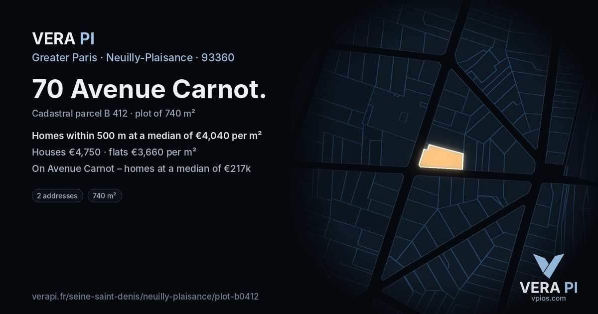 70 Avenue Carnot, Neuilly-Plaisance at night – the plot lit, the parcels around coloured by the prices near them