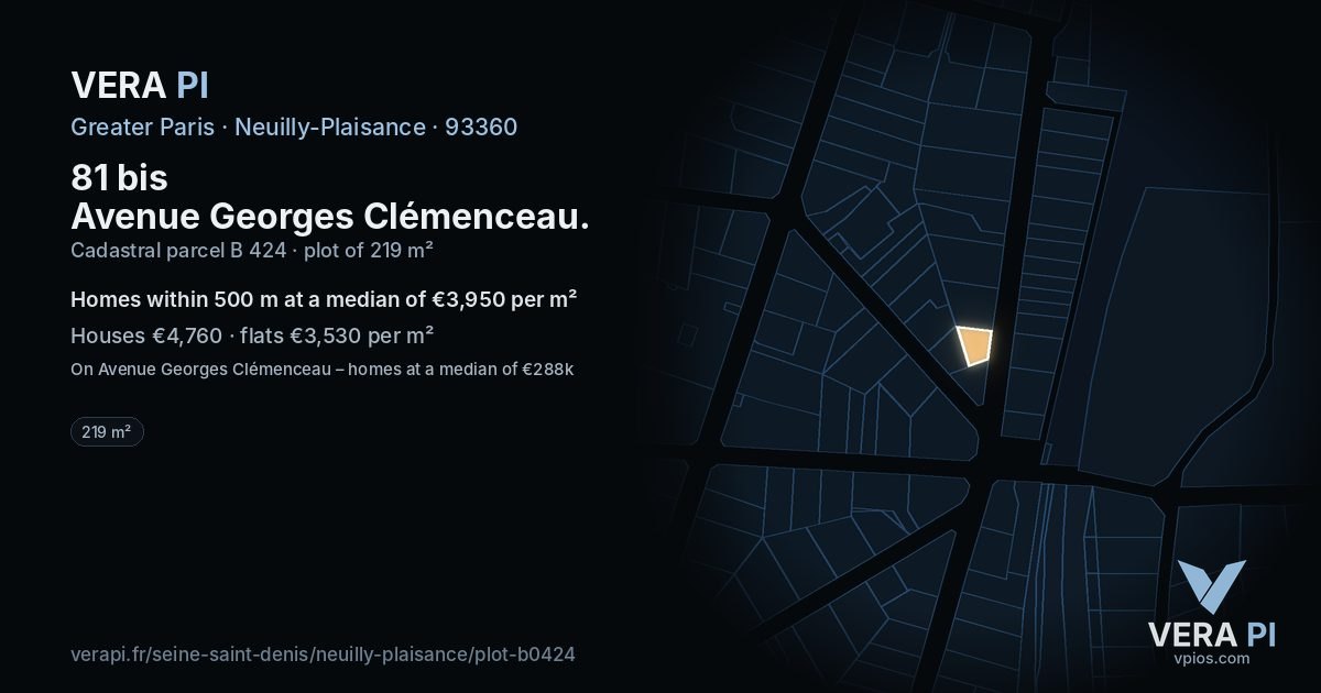 81 bis Avenue Georges Clémenceau, Neuilly-Plaisance at night – the plot lit, the parcels around coloured by the prices near them