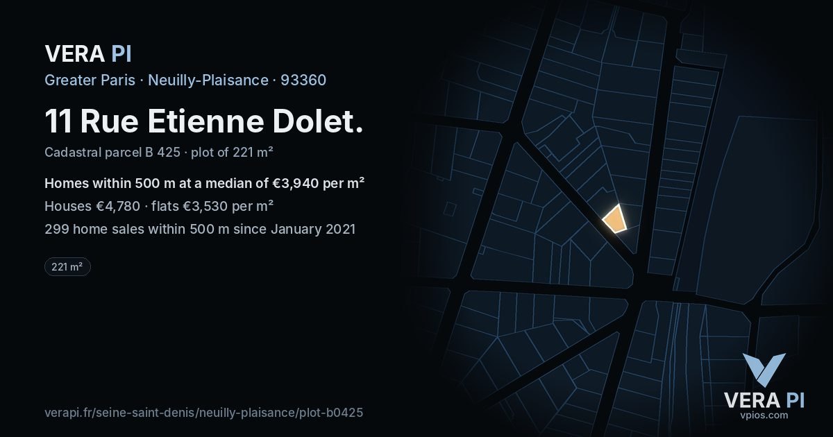 11 Rue Etienne Dolet, Neuilly-Plaisance at night – the plot lit, the parcels around coloured by the prices near them