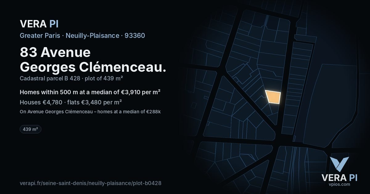 83 Avenue Georges Clémenceau, Neuilly-Plaisance at night – the plot lit, the parcels around coloured by the prices near them