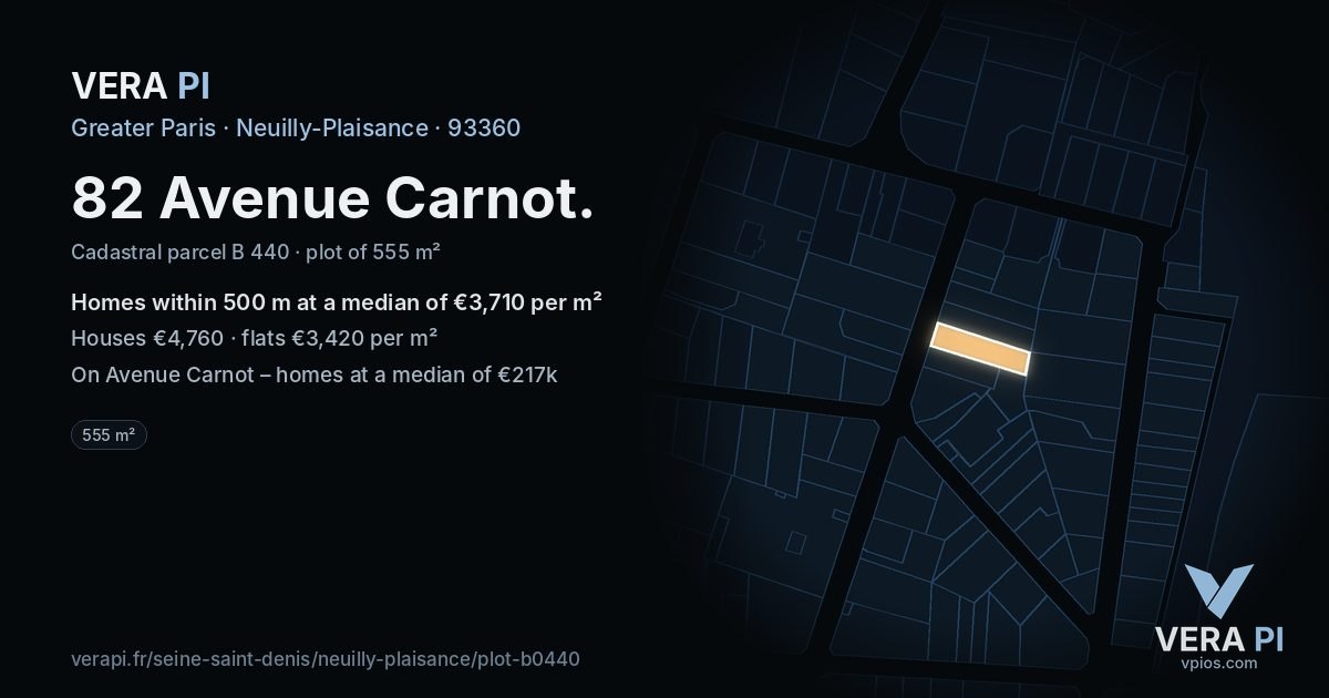 82 Avenue Carnot, Neuilly-Plaisance at night – the plot lit, the parcels around coloured by the prices near them