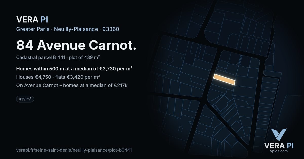 84 Avenue Carnot, Neuilly-Plaisance at night – the plot lit, the parcels around coloured by the prices near them