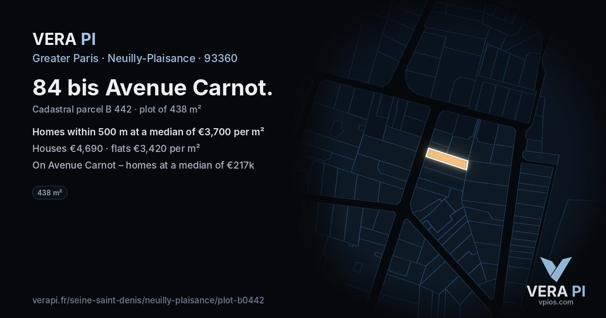 84 bis Avenue Carnot, Neuilly-Plaisance at night – the plot lit, the parcels around coloured by the prices near them