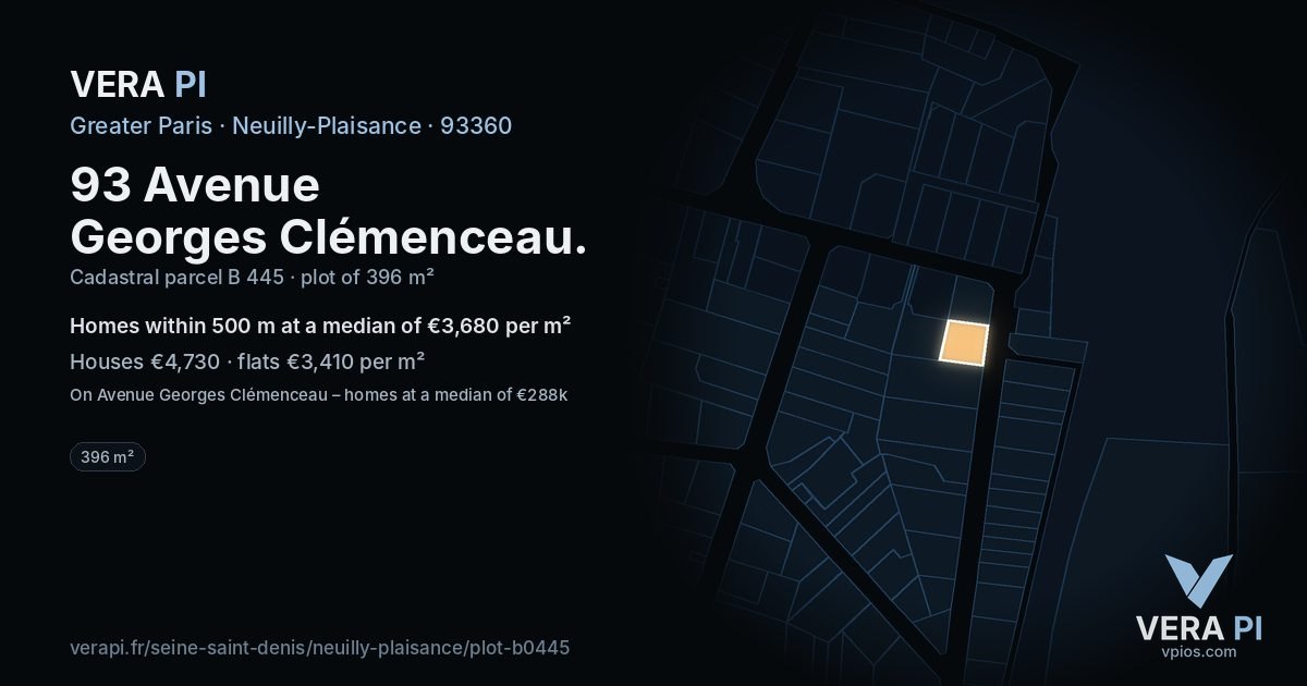 93 Avenue Georges Clémenceau, Neuilly-Plaisance at night – the plot lit, the parcels around coloured by the prices near them