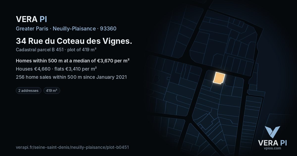 34 Rue du Coteau des Vignes, Neuilly-Plaisance at night – the plot lit, the parcels around coloured by the prices near them