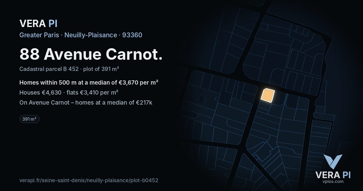 88 Avenue Carnot, Neuilly-Plaisance at night – the plot lit, the parcels around coloured by the prices near them