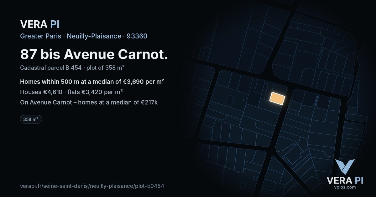 87 bis Avenue Carnot, Neuilly-Plaisance at night – the plot lit, the parcels around coloured by the prices near them