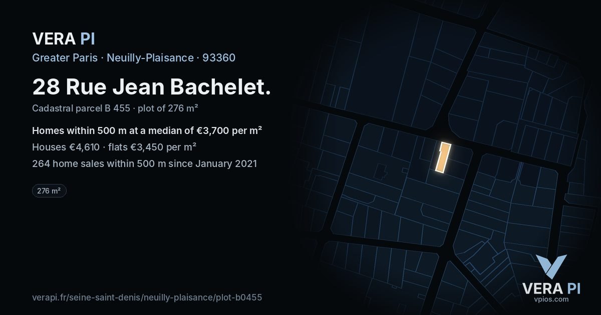 28 Rue Jean Bachelet, Neuilly-Plaisance at night – the plot lit, the parcels around coloured by the prices near them