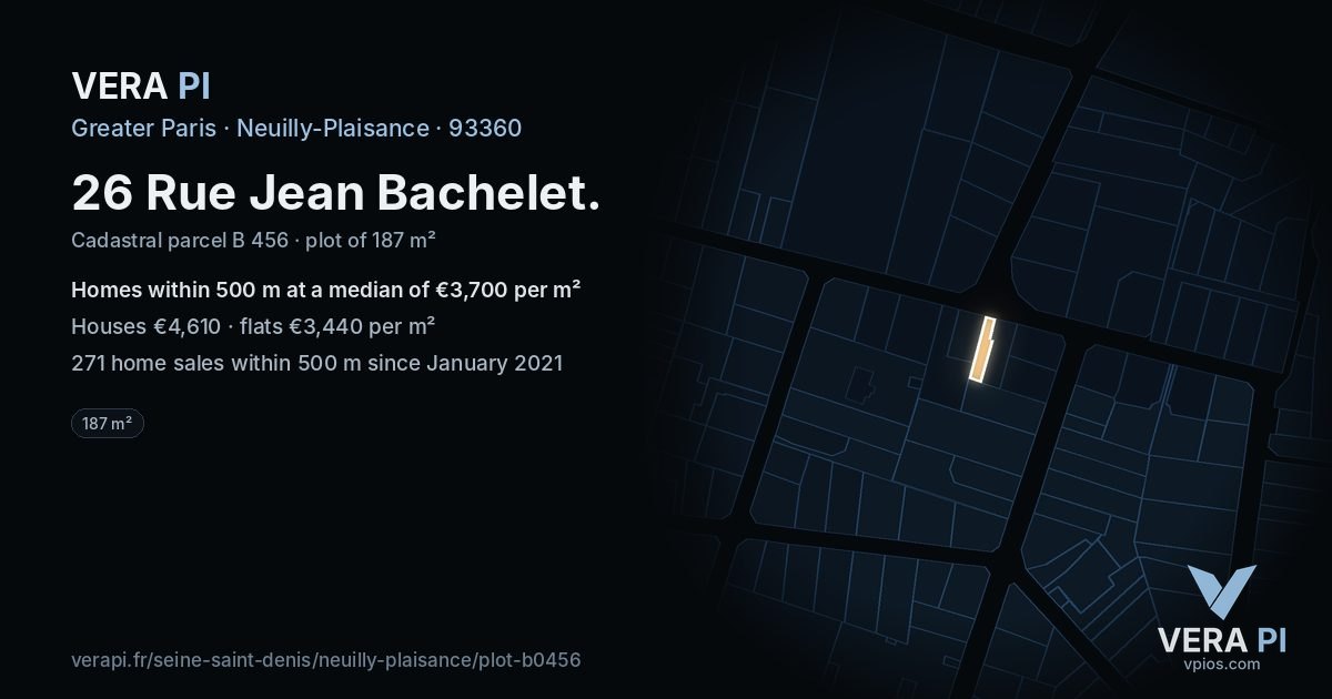 26 Rue Jean Bachelet, Neuilly-Plaisance at night – the plot lit, the parcels around coloured by the prices near them