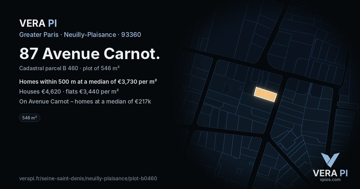 87 Avenue Carnot, Neuilly-Plaisance at night – the plot lit, the parcels around coloured by the prices near them